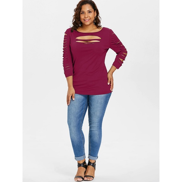 ☀ Rose Red Plus Size Long Sleeve Shredded Top ☀ - Picture 4 of 8